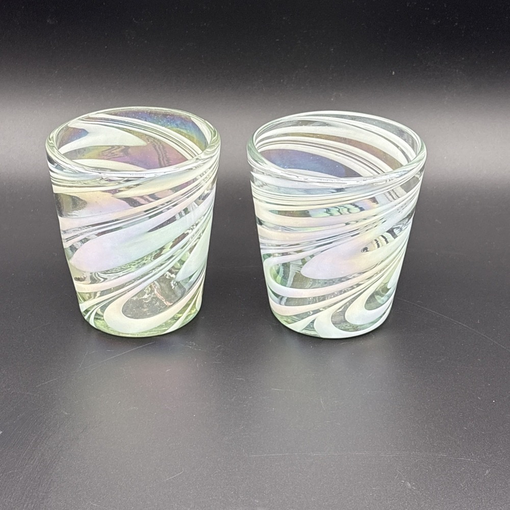 Pair Hand Blown Mexican Art Glass Iridescent White Swirl Lowball Glasses